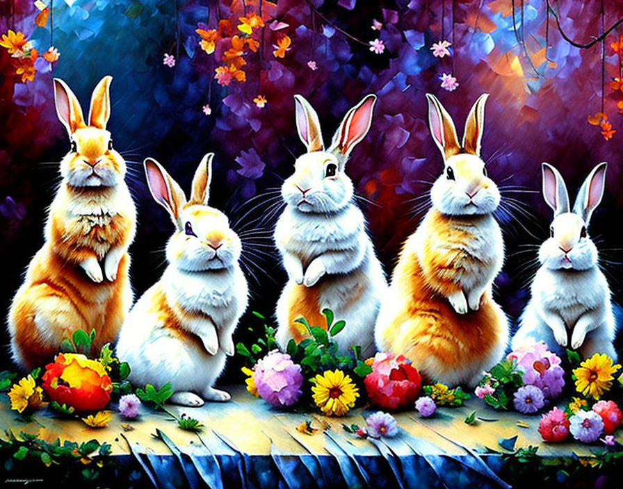 Colorful Rabbit Painting Among Flowers in Whimsical Forest