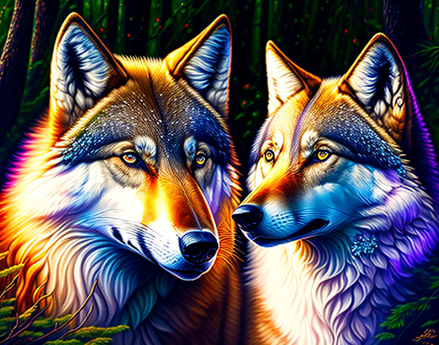 Neon wolves in vibrant digital art forest