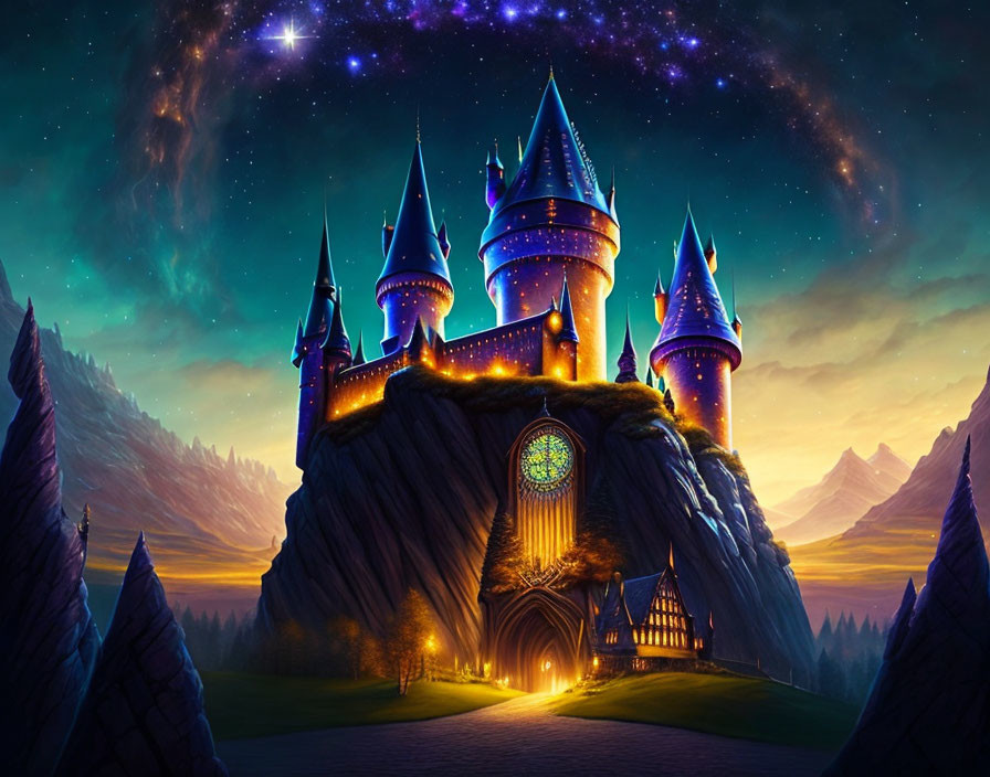 Enchanted castle on cliff under radiant starry sky