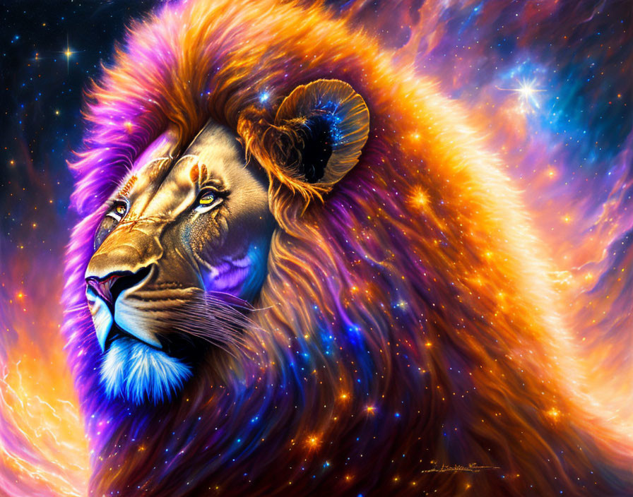 Colorful Lion Digital Artwork: Mane merges with cosmic nebula in orange, blue, and purple