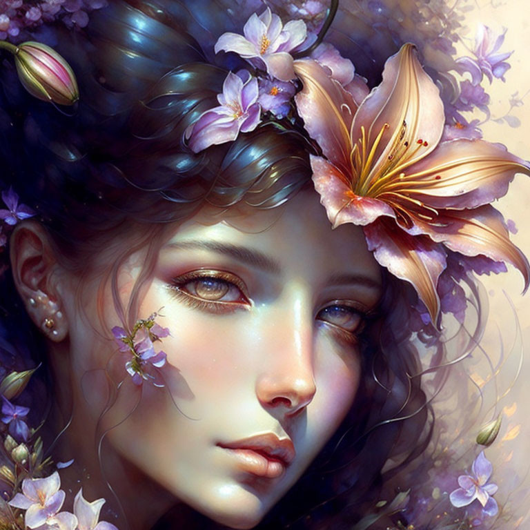 Vibrant fantasy artwork: Woman with floral hair, dreamlike colors.