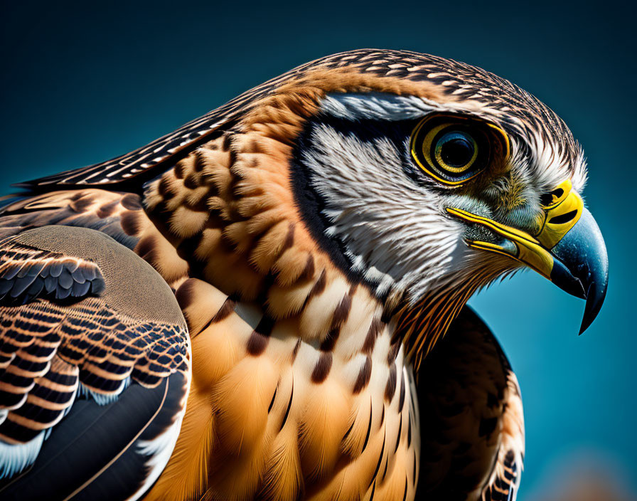 Detailed Peregrine Falcon Plumage and Features on Blue Background