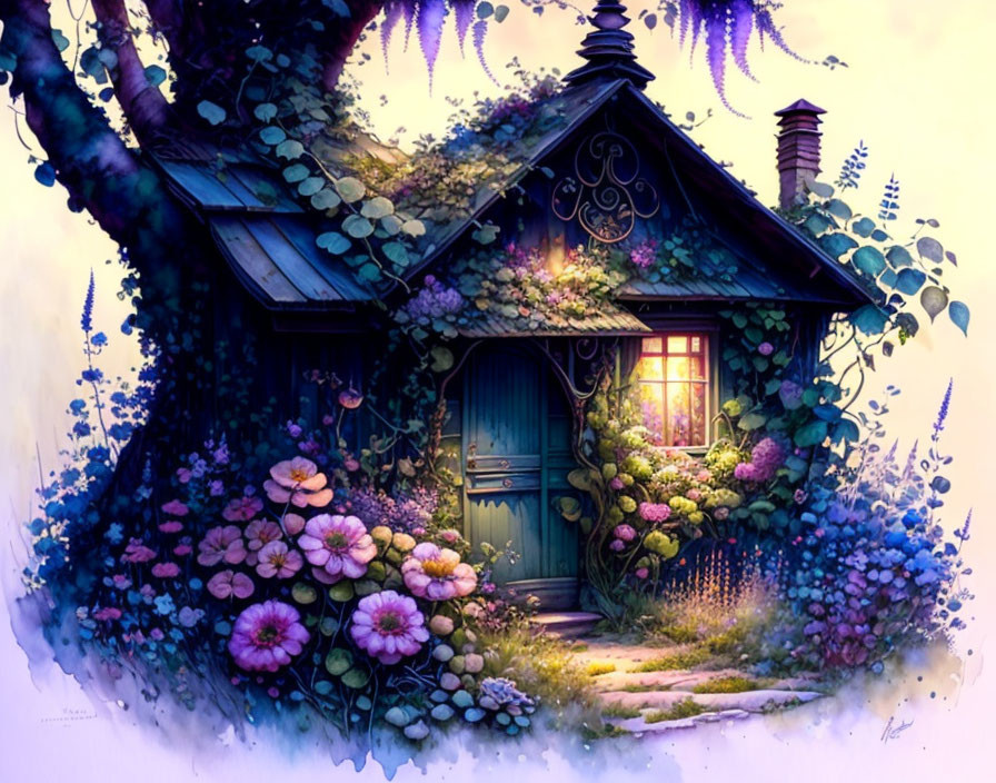 Whimsical cottage surrounded by flowers and plants at twilight