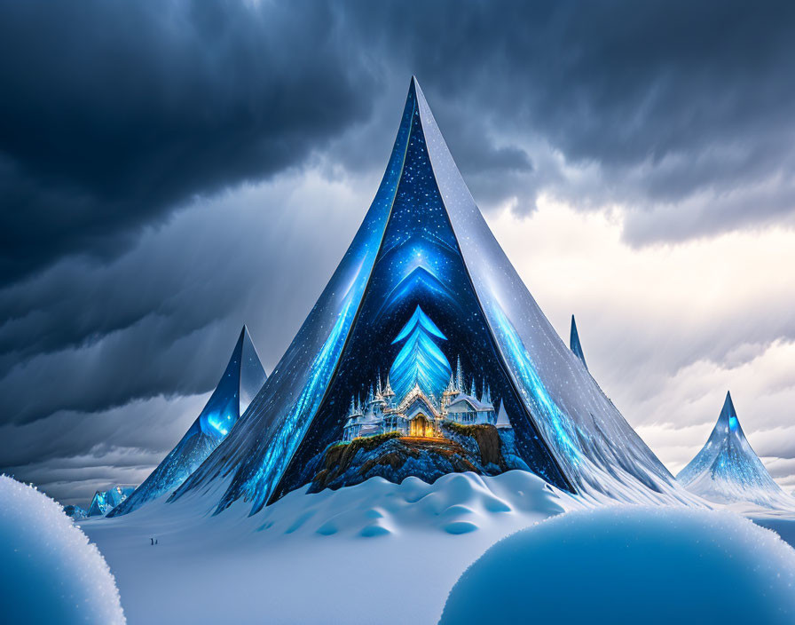 Icy Landscape with Blue Mountains and Glowing Crystal Structure