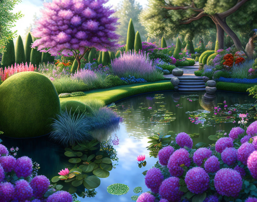 Tranquil garden with pond, lush greenery, vibrant flowers