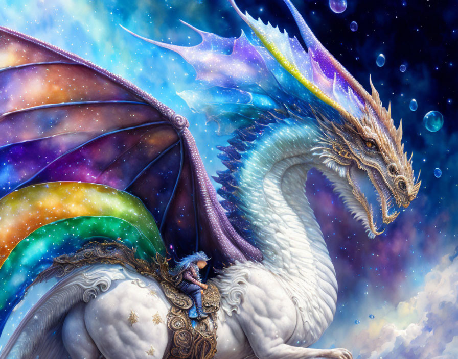 Colorful Dragon with Horned Head and Cosmic Sky