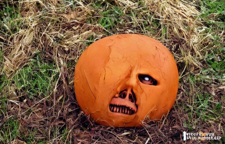 Weathered jack-o'-lantern with scary face on grass with dead leaves.
