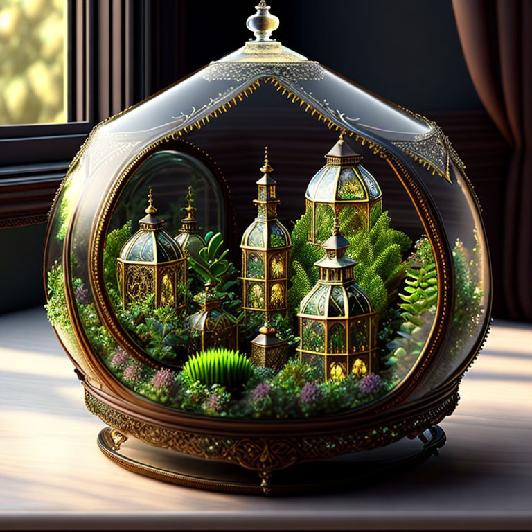 Intricately detailed gold terrarium with green plants and lanterns by window