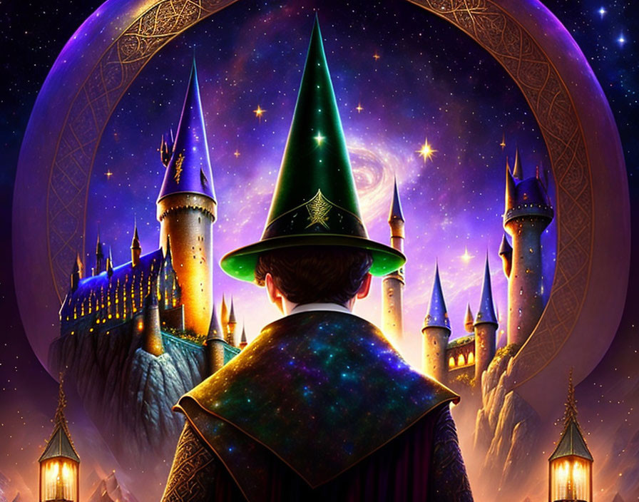 Wizard in cloak and hat gazes at magical castle under starlit sky