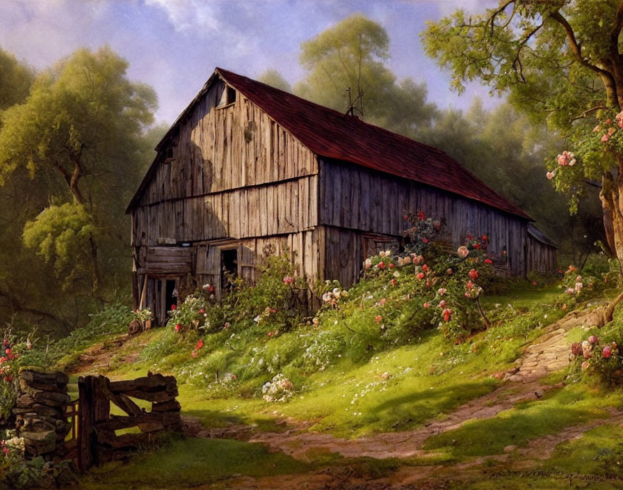 Rustic wooden barn in green landscape with blooming flowers