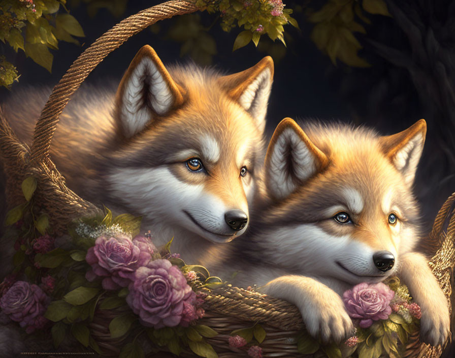 Serene foxes in basket with pink flowers on dark background