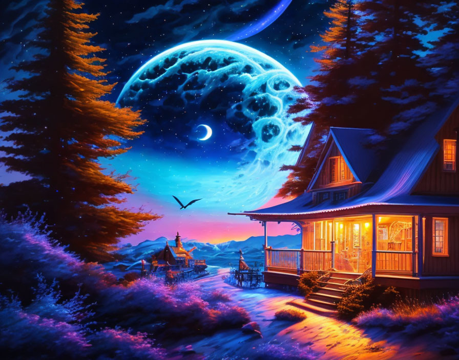 Fantastical moon illuminates cozy house in night scene