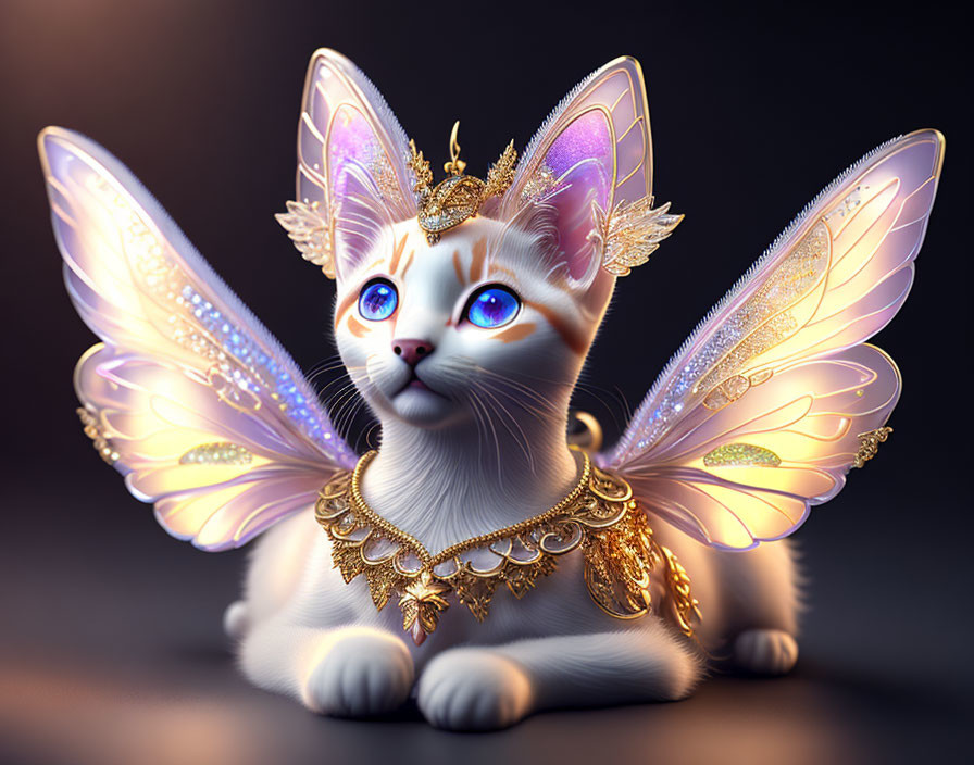 Whimsical kitten with butterfly wings and golden jewelry on dark background