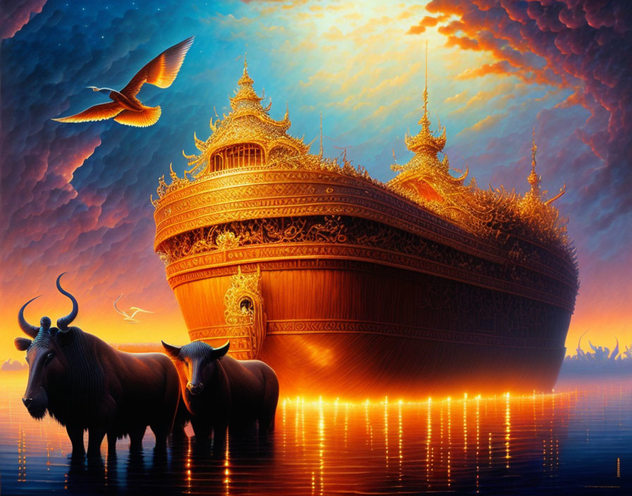 Golden ship with bulls and bird in sunset reflection