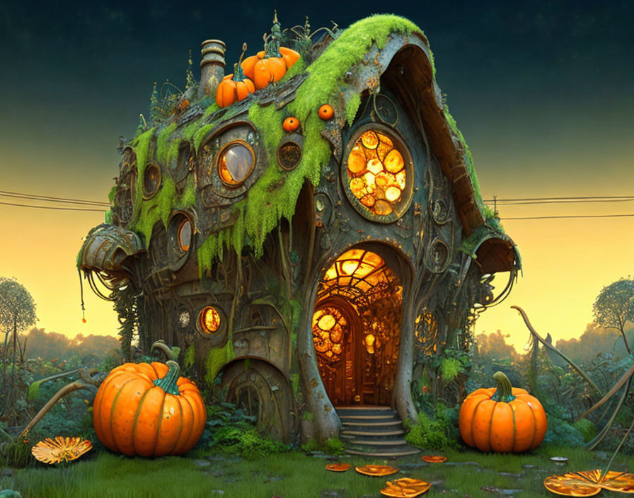 Fantasy house with moss, vines, pumpkins, circular windows, twilight sky