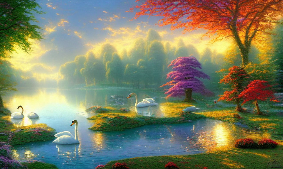 Tranquil landscape with swans on a colorful lake