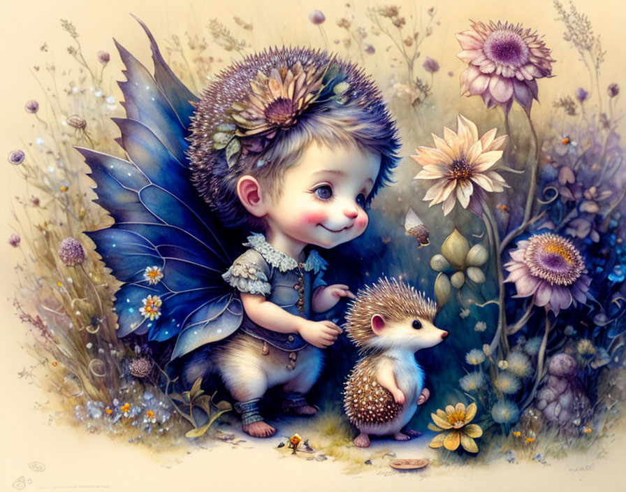 Whimsical fairy boy with butterfly wings and hedgehog in magical setting