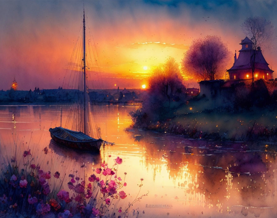 Sunset boat near flower-lined shore with church and buildings reflected on water