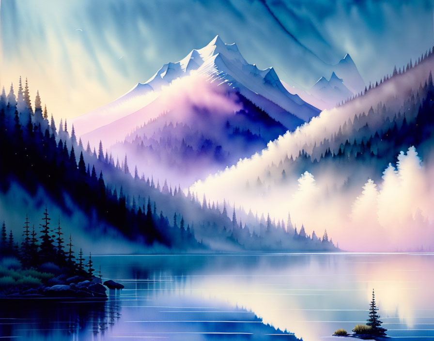 Tranquil landscape: misty mountains, calm lake, pine trees, pastel sky