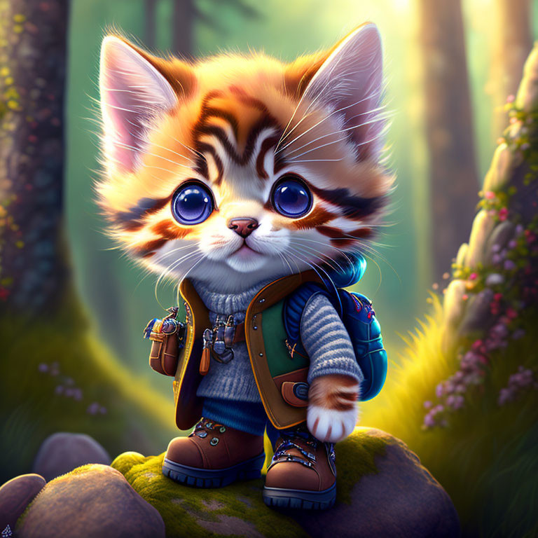 Anthropomorphic kitten in boots and backpack in whimsical forest