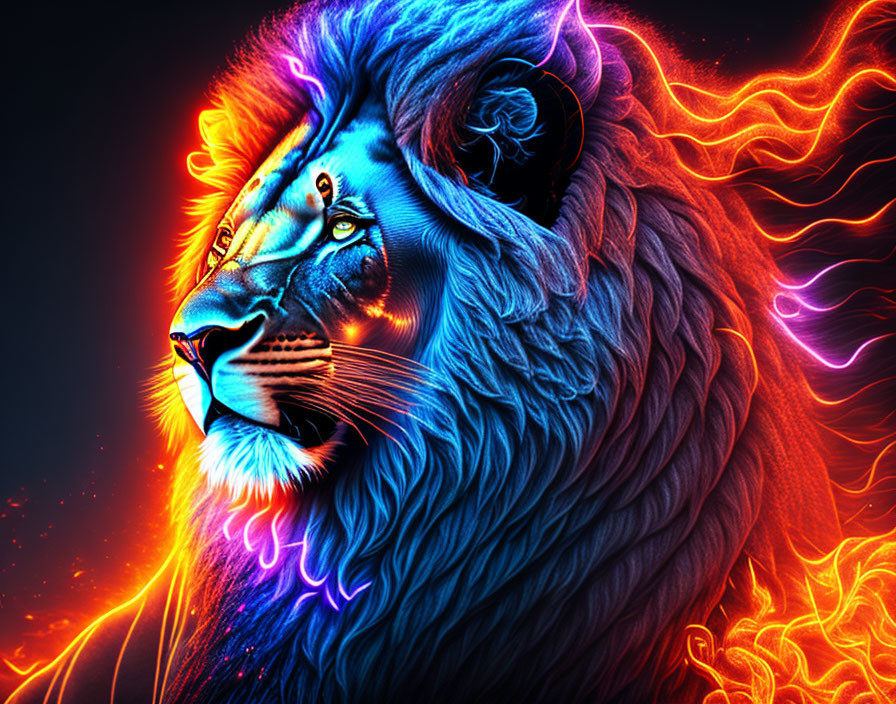 Colorful Lion Digital Artwork with Neon Lights