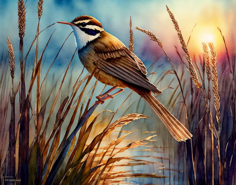 Bird perched on grass in watercolor against sunset sky