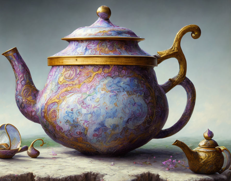 Ornate oversized teapot with intricate patterns and smaller teapot among cherry blossoms