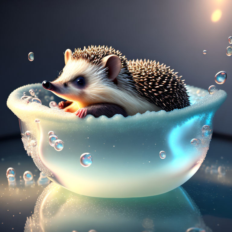 Hedgehog in soap bubble boat with water droplets and soft glow