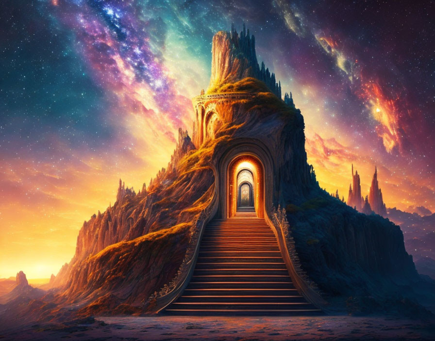 Fantastical landscape with rock formation, grand staircase, and arched doorway under starry sky