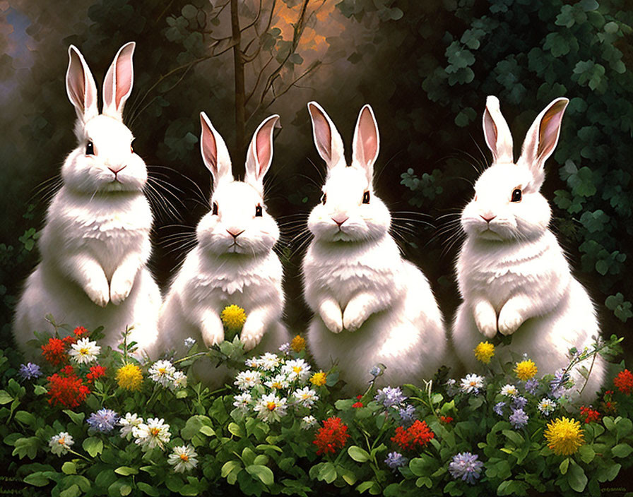 Four White Rabbits Surrounded by Colorful Flowers and Dark Foliage