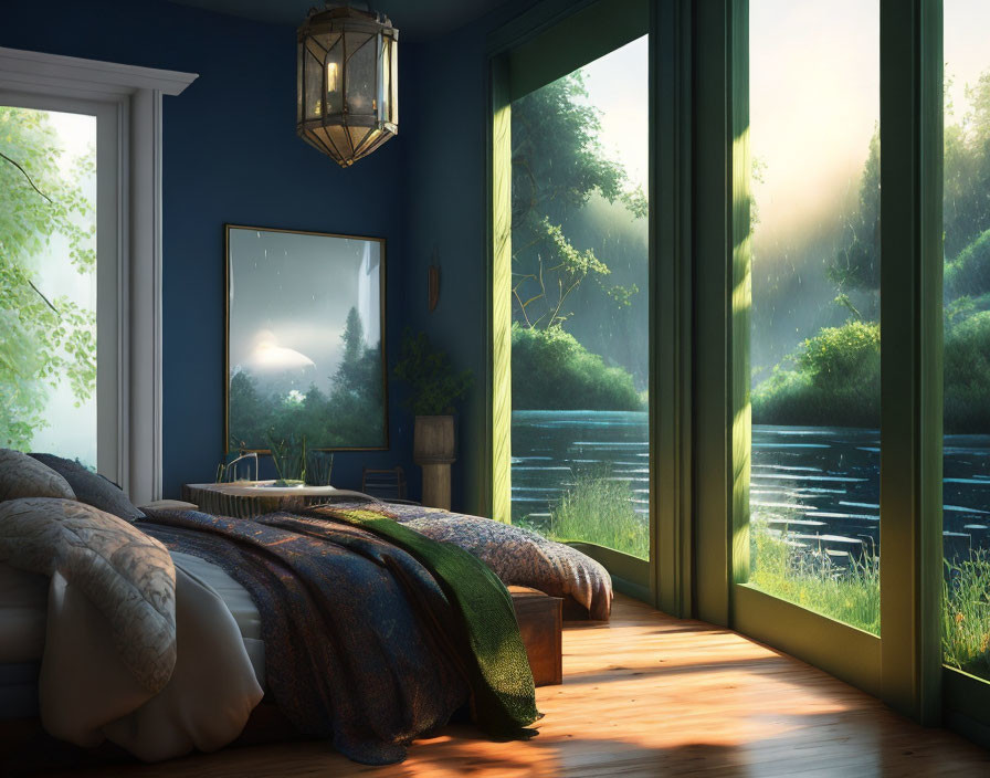 Bedroom with open patio doors overlooking serene lake and greenery, sunlight reflecting on mirror.