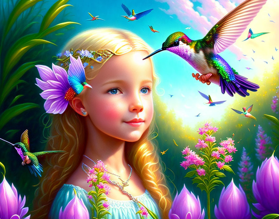 Colorful Illustration: Girl with Floral Headband and Hummingbird in Fantastical Garden