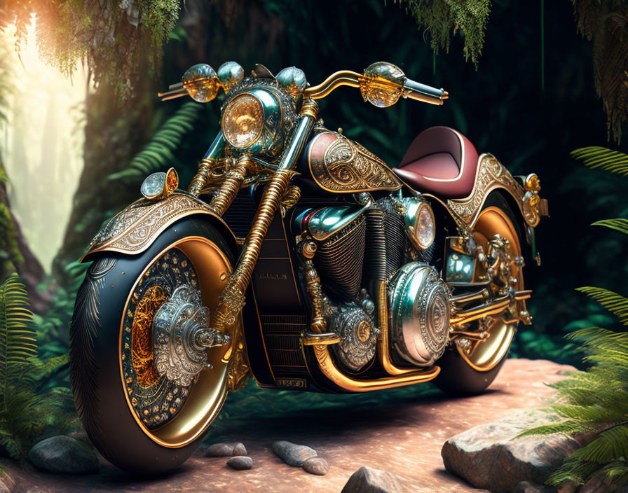 Steampunk-inspired motorcycle with gold and bronze detailing in mystical forest.