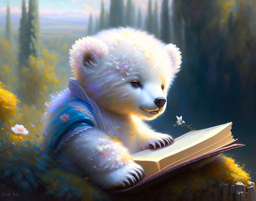 Fluffy bear reading book in sunlit forest with butterfly