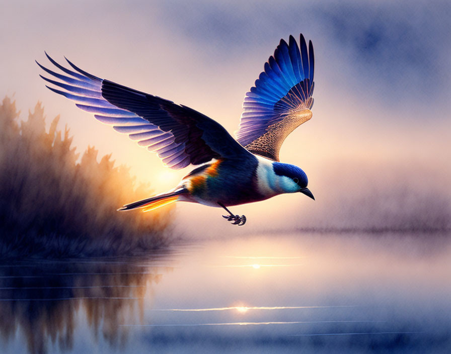 Colorful bird flying over serene lake at twilight with reflection and misty forest