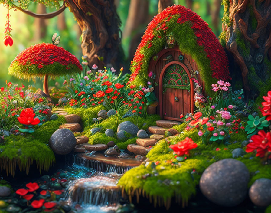 Magical forest scene with whimsical door, garden, stream, and moss-covered stones