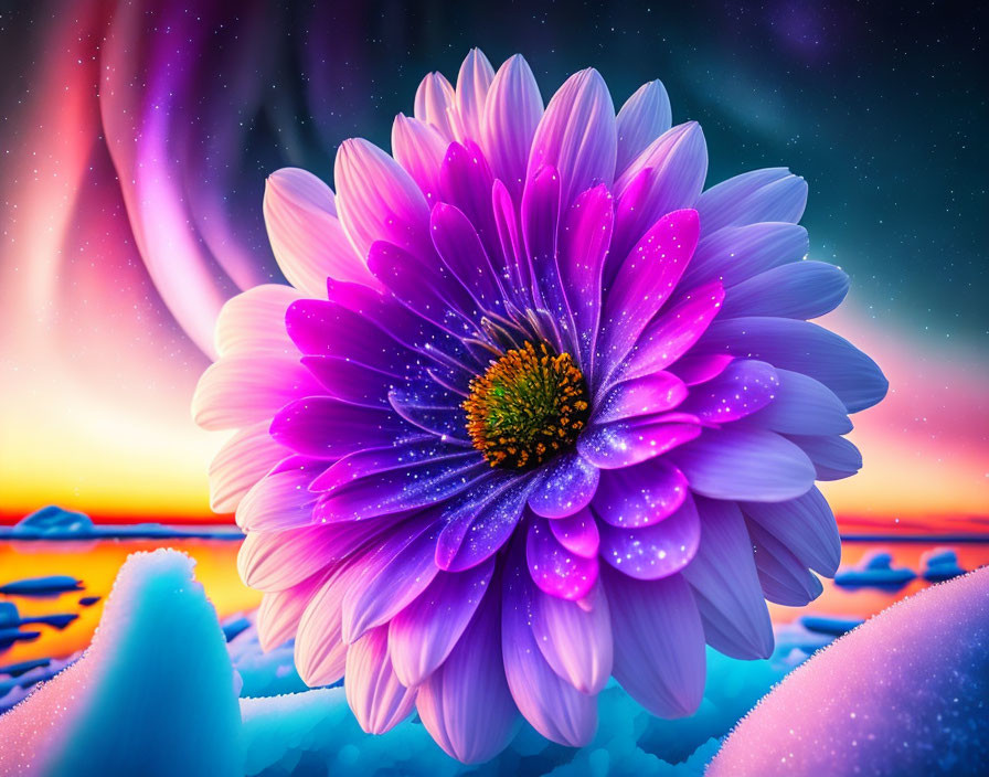 Purple Flower with Water Droplets on Colorful Sky and Icy Landscape