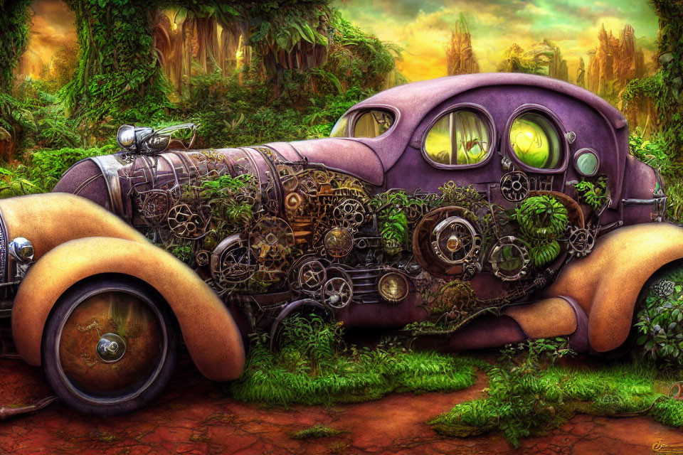 Vintage fantasy car with intricate mechanical details and plant overgrowth in lush magical forest.