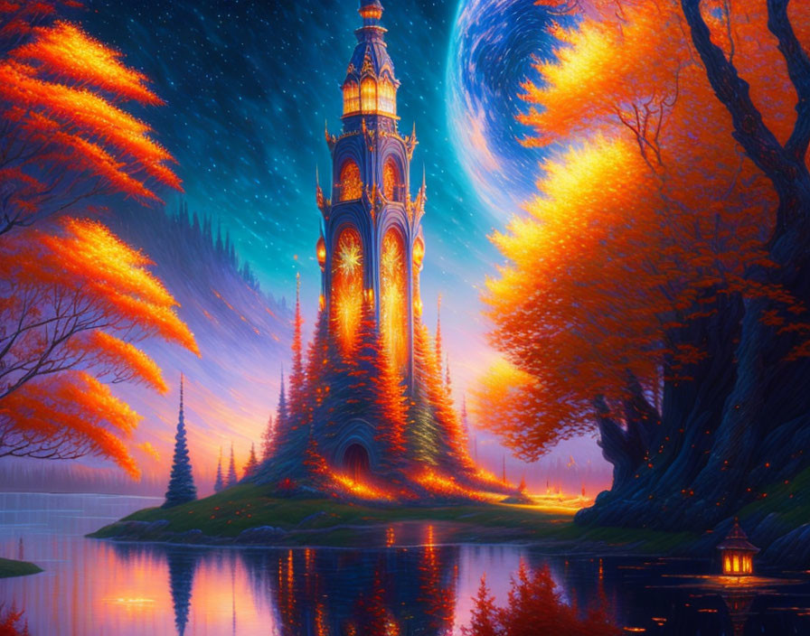 Glowing castle at dusk amid autumn trees and starry sky by tranquil lake