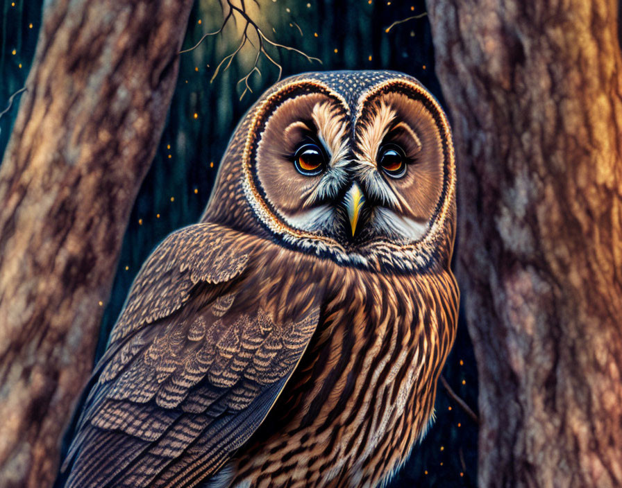 Detailed Owl Perched on Tree: Captivating Eyes, Intricate Feathers