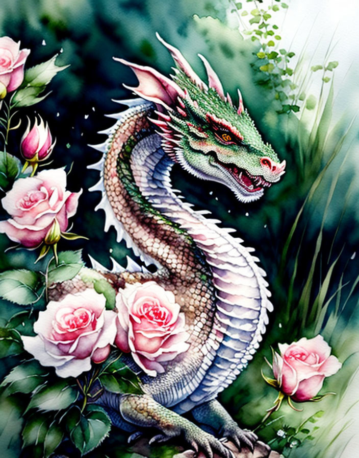 White Dragon with Green Eyes in Pink Rose Garden Illustration