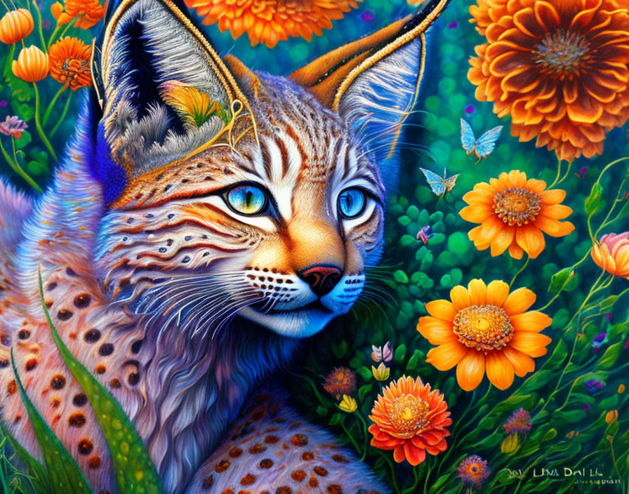 Colorful Lynx Illustration with Exaggerated Blue Eyes and Orange Flowers