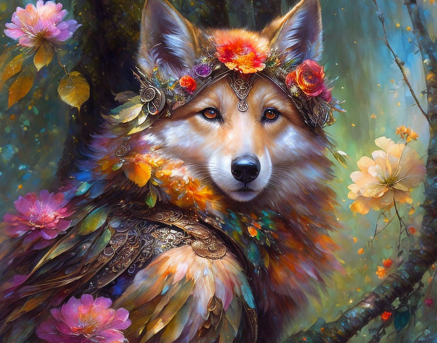 Colorful floral and feathered fox in magical forest setting