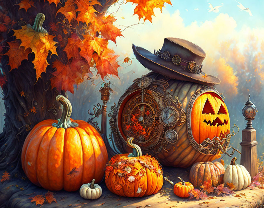 Autumn scene featuring carved and clockwork pumpkins with hat, fall foliage.