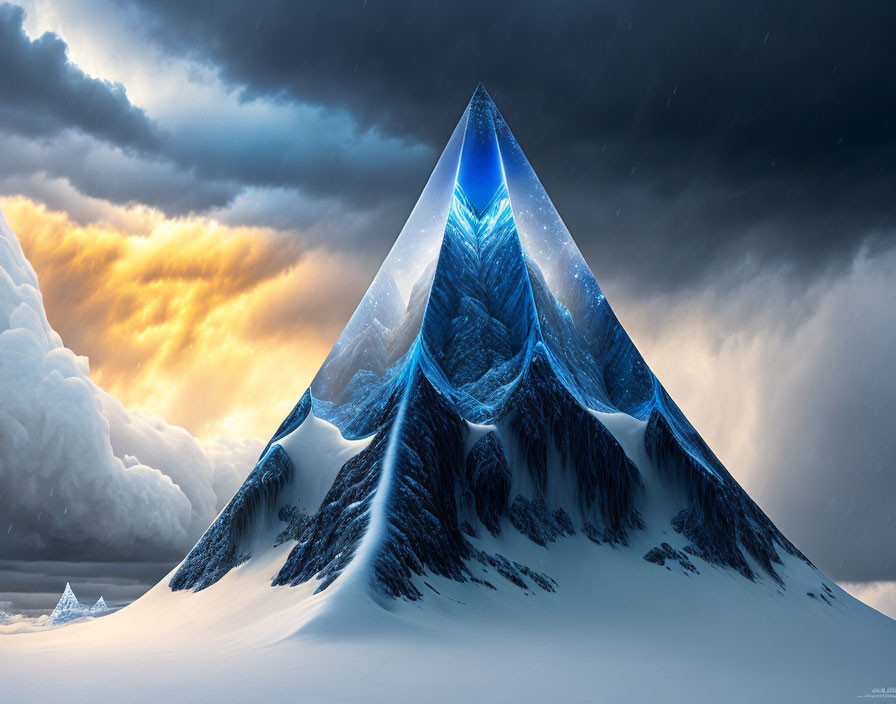 Majestic mountain peak with glowing blue core in stormy twilight landscape