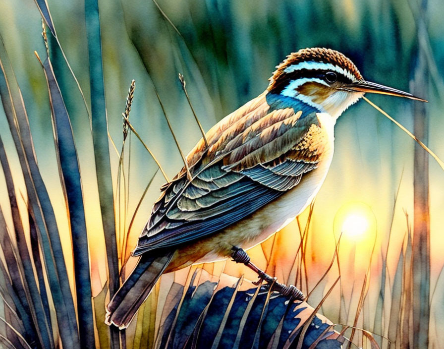 Colorful bird in tall grasses at sunrise or sunset