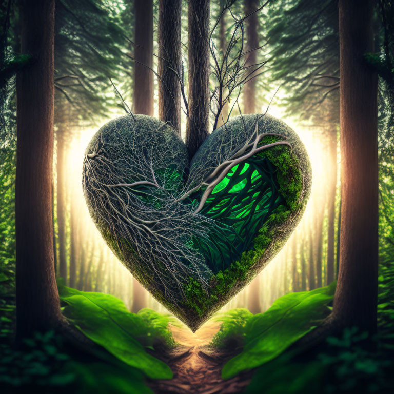 Heart-shaped Forest Opening with Sunlight Illumination