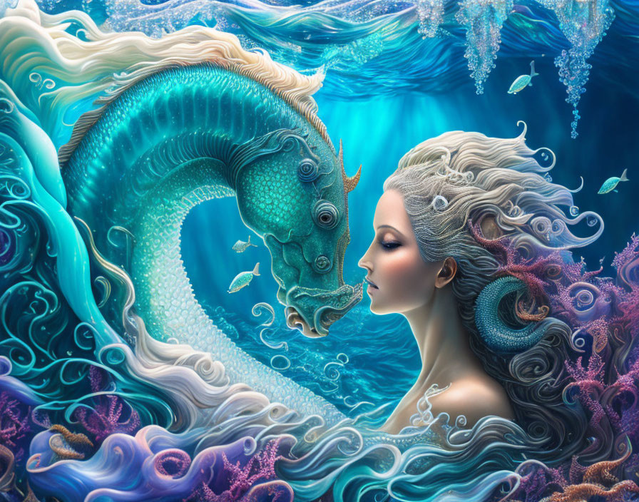 Surreal underwater scene: woman with flowing hair and ornate seahorse among marine flora