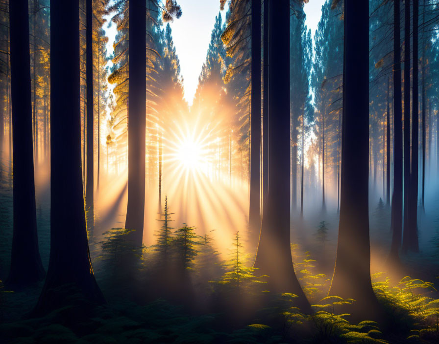 Misty forest sunrise with light rays through trees