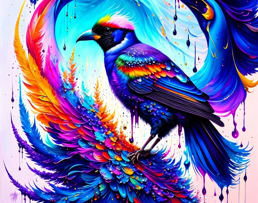 Colorful Bird Painting with Flowing Background and Dripping Paint Details